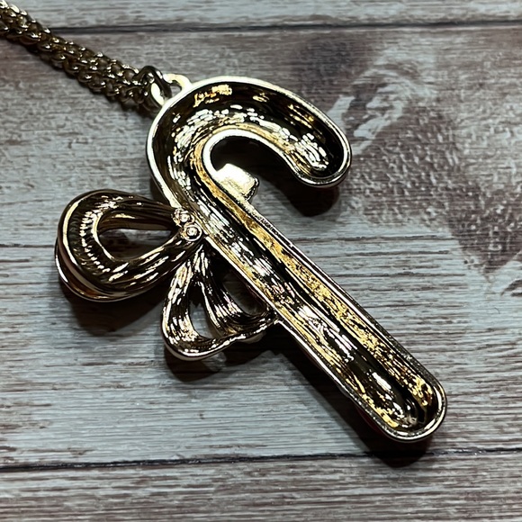 NIB 20” Candy Cane Necklace Gold Toned chain and Candy Cane with Rhinestones - Picture 4 of 6